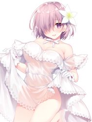 Rule 34 | 1girl, bare shoulders, breasts, choker, dress, fate/grand order, fate (series), flower, gloves, hair flower, hair ornament, hair over one eye, high heels, highres, large breasts, mash kyrielight, mash kyrielight (formal dress), miko (royal milk), no panties, official alternate costume, open mouth, purple eyes, purple hair, ribbon choker, short hair, simple background, skirt hold, smile, solo, white background, white dress, white gloves