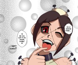 Rule 34 | 1girl, brown hair, collar, highres, looking at viewer, one eye closed, open mouth, oral invitation, painwheel (skullgirls), pointing, red eyes, scar, skullgirls, smile, solo, suggestive, tongue, tongue out