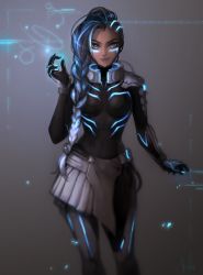 Rule 34 | 1girl, alternate costume, asymmetrical hair, black bodysuit, black gloves, blue hair, bodysuit, braid, breasts, cowboy shot, cyberspace sombra, dark-skinned female, dark skin, eyeshadow, gloves, glowing, grey background, grey eyes, high collar, highres, holographic interface, lipstick, long hair, looking at viewer, makeup, making-of available, matilda fiship, mole, mole under eye, multicolored hair, overwatch, overwatch 1, parted lips, signature, single braid, small breasts, smile, smirk, solo, sombra (overwatch), two-tone hair, white hair