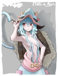 Rule 34 | 1girl, :3, animal ears, animal helmet, armpits, breasts, cat ears, cat tail, claws, cleavage, cosplay, doll joints, fangs, female focus, godiva hair, highres, hunter x hunter, joints, long hair, made in abyss, nanachi (made in abyss) (cosplay), neferpitou, red eyes, shoes, slit pupils, tail, white hair, yagisawa teru