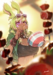 Rule 34 | 1girl, animal ears, blurry, blurry background, blurry foreground, breasts, choker, chopsticks, cleavage, commission, cropped jacket, dark-skinned female, dark skin, earrings, eating, eyewear on head, facial mark, final fantasy, final fantasy xiv, food, green hair, heterochromia, highres, jacket, jewelry, kionaoki, large breasts, long hair, noodles, open clothes, open jacket, ponytail, rabbit ears, ramen, signature, skeb commission, solo, sunglasses, tank top, upper body, viera, warrior of light (ff14), wrist cuffs
