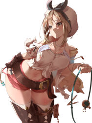 1girl atelier_(series) atelier_ryza atelier_ryza_1 belt beret black_bow boots bow bracelet breasts brown_belt brown_boots brown_eyes brown_gloves brown_hair camisole commentary_request cowboy_shot detached_sleeves gloves hair_ornament hairclip hand_on_own_hip hat hat_bow highres holding holding_belt jacket jewelry large_breasts leaning_forward looking_to_the_side medium_breasts midriff momdy_(talesshinja) multiple_bracelets navel necklace parted_lips partial_commentary red_shorts reisalin_stout short_hair short_shorts shorts sidelighting sidelocks simple_background single_glove sleeveless sleeveless_jacket solo standing star_(symbol) star_necklace thigh_boots white_background white_camisole white_hat white_sleeves wide_hips yellow_jacket