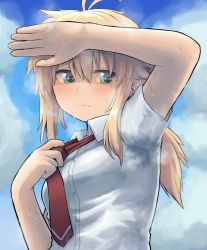 Rule 34 | 1girl, antenna hair, arm up, blonde hair, blue sky, closed mouth, cloud, cloudy sky, collared shirt, commentary request, day, dress shirt, green eyes, hair between eyes, highres, koshirae tsurugi (m.m), long hair, low ponytail, m.m, necktie, original, outdoors, ponytail, red necktie, shirt, short sleeves, sky, solo, stained clothes, sweat, upper body, white shirt