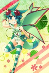 Rule 34 | 1girl, blue eyes, clenched teeth, cosplay, creatures (company), flygon, game freak, gen 3 pokemon, green hair, nintendo, personification, pokemon, short hair, smile, striped clothes, striped thighhighs, tail, teeth, thighhighs, toto nemigi, touhou, wings, wriggle nightbug