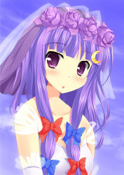 Rule 34 | 1girl, alternate costume, blunt bangs, blush, bow, breasts, bridal veil, commentary request, cookie (touhou), crescent, crescent hair ornament, dress, flower, hair bow, hair flower, hair ornament, highres, long hair, looking at viewer, medium breasts, multi-tied hair, open mouth, patchouli knowledge, purple eyes, purple flower, purple hair, red bow, solo, szk, taisa (cookie), touhou, upper body, veil, wedding dress