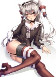 Rule 34 | 10s, 1girl, amatsukaze (kancolle), brown eyes, dress, garter straps, gloves, kantai collection, keita (tundereyuina), long hair, red thighhighs, sailor dress, silver hair, solo, thighhighs, two side up
