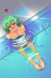 Rule 34 | 1girl, breasts, closed mouth, commentary, drewprints, eiyuu densetsu, english commentary, eyelashes, from above, green hair, hair ornament, hairclip, heart, heart-shaped pupils, highres, large breasts, looking at viewer, musse egret, nude, partially submerged, pink pupils, pool, purple eyes, ripples, sen no kiseki, sen no kiseki iii, short hair, smile, solo, symbol-shaped pupils, water