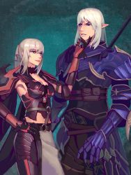 Rule 34 | 1boy, 1girl, aranea highwind, armor, belt, breasts, cleavage, cyber monk, dragoon (final fantasy), estinien varlineau, final fantasy, final fantasy xiv, final fantasy xv, green eyes, hand on another&#039;s face, highres, pointy ears, polearm, silver hair, smile, spear, standing, weapon