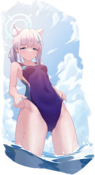 Rule 34 | 1girl, absurdres, animal ears, blue archive, blue one-piece swimsuit, blue sky, blush, breasts, cameltoe, cat ears, chan sang, cloud, competition swimsuit, covered navel, hair ornament, hairclip, halo, highres, looking at viewer, one-piece swimsuit, shiroko (blue archive), shiroko (swimsuit) (blue archive), sky, small breasts, solo, swimsuit, wading, white hair