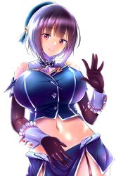 Rule 34 | 1girl, adapted costume, bare shoulders, beret, black gloves, black hair, breasts, elbow gloves, garter straps, gloves, hat, highres, huge breasts, kantai collection, large breasts, looking at viewer, midriff, navel, purple hair, red eyes, shinomu (cinomoon), short hair, simple background, sleeveless, smile, solo, takao (kancolle), white background, wrist cuffs