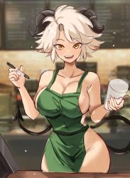 Rule 34 | 1girl, apron, barista, black horns, black tail, blurry, blurry background, breasts, cafe, cleavage, collarbone, commentary, cowboy shot, cup, demon tail, disposable cup, english commentary, fingernails, green apron, grey hair, highres, holding, holding marker, horns, iced latte with breast milk (meme), large breasts, looking at viewer, marker, meme, naked apron, original, rakeemspoon, short hair, sideboob, sidelocks, smile, solo, standing, starbucks, susan (rakeemspoon), tail, teeth, upper teeth only, yellow eyes