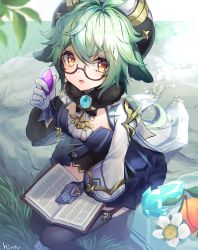 Rule 34 | 1girl, absurdres, anemo (genshin impact), animal ears, beret, black thighhighs, blue dress, book, breasts, cat ears, crystal, dress, flower, food, fruit, garter straps, genshin impact, glasses, gloves, gold trim, grass, green hair, hat, hi-na1, highres, long hair, long sleeves, looking at viewer, looking up, multicolored hair, open book, open mouth, orange eyes, outdoors, ponytail, rock, semi-rimless eyewear, sitting, smile, solo, sucrose (genshin impact), thighhighs, under-rim eyewear, vision (genshin impact)