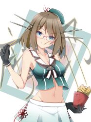 Rule 34 | 1girl, absurdres, beret, bespectacled, black gloves, blue eyes, breasts, brown hair, character name, commentary request, food, french fries, glasses, gloves, green hat, green shirt, groin, hair ornament, hat, headgear, highres, holding, honma (honmatomohiro), kantai collection, maya (kancolle), medium breasts, midriff, mouth hold, navel, pleated skirt, red-framed eyewear, sailor collar, sailor shirt, shirt, short hair, skirt, sleeveless, sleeveless shirt, smile, solo, standing, text background, white sailor collar, white skirt, x hair ornament