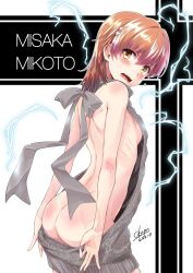 Rule 34 | 1girl, ass, back, backless outfit, bare back, blush, breasts, brown hair, butt crack, character name, commentary request, cowboy shot, dress, electricity, embarrassed, hair ornament, highres, looking at viewer, looking back, meme attire, misaka mikoto, okara, open mouth, short hair, sideboob, small breasts, solo, sweatdrop, sweater, sweater dress, toaru kagaku no railgun, toaru majutsu no index, turtleneck, turtleneck sweater, virgin killer sweater, yellow eyes