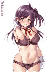 Rule 34 | 1girl, ahoge, arm up, bare shoulders, blush, bow, bow bra, bow panties, bra, breasts, brown eyes, closed mouth, collarbone, cowboy shot, cropped legs, ebifurya, gloves, gluteal fold, groin, hagikaze (kancolle), hair between eyes, highres, kantai collection, large breasts, long hair, looking at viewer, navel, one side up, panties, purple bra, purple hair, purple panties, red neckwear, red ribbon, ribbon, simple background, skindentation, solo, standing, twitter username, underwear, underwear only, white background, white gloves