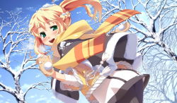Rule 34 | 1girl, blonde hair, blush, braid, day, dutch angle, g yuusuke, gloves, green eyes, kayano mina, mittens, pantyhose, scarf, snow, solo, tapestry -you will meet yourself-, tree