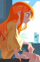 1girl bracelet drinking_glass earrings highres indoors jewelry long_bangs long_hair looking_outside necklace orange_eyes orange_hair original plant ring shirt shorts sitting takarai_shunsuke tumbler_glass window yellow_shirt