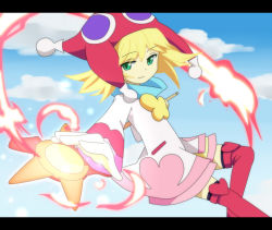 Rule 34 | 1girl, amitie (puyopuyo), blonde hair, cloud, day, fire, flipped hair, green eyes, hat, jacket, komeichou-69, letterboxed, madou monogatari, puyopuyo, puyopuyo fever, red amitie, red thighhighs, short hair, shorts, sky, smile, solo, staff, star (symbol), thighhighs