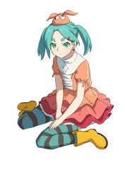 Rule 34 | 1girl, absurdres, aqua hair, boots, dress, frilled dress, frills, full body, googly eyes, green eyes, hair ornament, hairclip, highres, long hair, looking at viewer, monogatari (series), ononoki yotsugi, orange headwear, q haoyu, rubber boots, short sleeves, simple background, sitting, solo, striped clothes, striped thighhighs, thighhighs, twintails, white background, yellow footwear