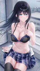 Rule 34 | 1girl, arm support, black bra, black hair, black thighhighs, blue eyes, blue skirt, blush, bra, breasts, cleavage, closed mouth, collarbone, expressionless, hair between eyes, highres, lace, lace-trimmed bra, lace trim, long hair, looking at viewer, medium breasts, meen (ouaughikepdvrsf), navel, ocean, original, overcast, plaid, plaid skirt, pleated skirt, school, school uniform, shirt, sitting, skirt, sky, solo, stomach, thighhighs, underwear, white shirt, window