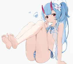 Rule 34 | 1girl, absurdres, ass, barefoot, bikini, blue archive, blue bikini, blue hair, blue halo, blush, breasts, chise (blue archive), chise (swimsuit) (blue archive), collarbone, crab, feet, halo, haruteru, highres, horns, long hair, official alternate costume, oni, outdoors, parted lips, pink eyes, ribbon, sailor bikini, sailor collar, sand, side ponytail, small breasts, swimsuit