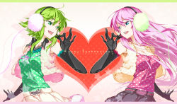 Rule 34 | 2girls, :d, ahoge, bare shoulders, black gloves, blue eyes, breasts, cleavage, collared shirt, elbow gloves, english text, eye contact, female focus, gloves, green eyes, green hair, gumi, hair between eyes, happy synthesizer (vocaloid), headphones, headset, heart, hong (white spider), jewelry, large breasts, long hair, looking at another, megurine luka, multiple girls, open mouth, pendant, pink hair, round teeth, shirt, short hair, sidelocks, skirt, smile, strapless, symmetry, teeth, vest, vocaloid