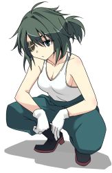 Rule 34 | 10s, 1girl, alternate hairstyle, boots, breasts, casual, cleavage, eyepatch, full body, gloves, green hair, kantai collection, kiso (kancolle), looking at viewer, masukuza j, medium breasts, ponytail, shirt, sleeveless, sleeveless shirt, solo, squatting, tank top, white background, white gloves, white shirt