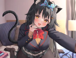 Rule 34 | 1girl, absurdres, animal ear fluff, animal ears, asa no ha (awayuki), bed, bed sheet, black hair, black jacket, black pantyhose, black skirt, blush, bow, breasts, brown cardigan, brown eyes, cardigan, cat ears, cat girl, cat tail, cleavage, collarbone, collared shirt, crescent, crescent hair ornament, curtains, fang, hair between eyes, hair bow, hair ornament, highres, indoors, jacket, lamp, large breasts, long hair, long sleeves, looking at viewer, non-web source, on bed, open mouth, original, pantyhose, pillow, pleated skirt, school uniform, selfie, shirt, sitting, skirt, smile, solo, tail, very long hair, war, wariza, whisp, white shirt