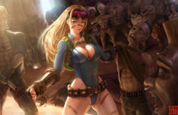 Rule 34 | 1girl, alternate costume, alternate hairstyle, blonde hair, breasts, cammy white, capcom, cleavage, crowd, curvy, female focus, goggles, goggles on head, leotard, limgae, looking at viewer, mohawk, solo focus, street fighter, street fighter v, tattoo, unzipped