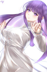 Rule 34 | 1girl, absurdres, blunt bangs, blunt ends, blush, breasts, button gap, collar, commentary request, dress, fern (sousou no frieren), frilled collar, frills, hands up, highres, jewelry, lips, long dress, long hair, long sleeves, otogibanashi, puffy sleeves, purple eyes, purple hair, see-through, signature, simple background, smile, solo, sousou no frieren, upper body, white background, wristband