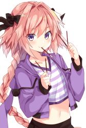 Rule 34 | 1boy, astolfo (fate), astolfo (memories at trifas) (fate), black ribbon, blush, braid, closed mouth, collarbone, commentary request, crop top, cropped jacket, drawstring, fang, fate/grand order, fate (series), food, gomano rio, hair intakes, hair ribbon, hands up, highres, holding, hood, hood down, hooded jacket, jacket, long hair, looking at viewer, male focus, midriff, mouth hold, navel, official alternate costume, open clothes, open jacket, pink hair, pocky, pocky day, purple eyes, purple jacket, purple shirt, ribbon, shirt, simple background, single braid, skin fang, smile, solo, stomach, striped clothes, striped shirt, trap, very long hair, white background