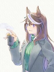 Rule 34 | 1girl, alternate costume, animal ears, black jacket, breasts, brown hair, can, canned coffee, drink can, green sweater, hand up, highres, holding, holding can, horse ears, jacket, long sleeves, looking at viewer, multicolored hair, nogi (jczu7445), open clothes, open jacket, open mouth, purple eyes, small breasts, solo, streaked hair, sweater, symboli rudolf (umamusume), turtleneck, turtleneck sweater, umamusume, upper body