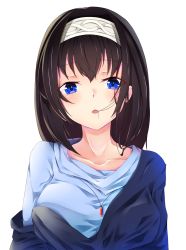 Rule 34 | 1girl, black hair, blue eyes, blue shirt, blush, breasts, collarbone, commentary request, eyes visible through hair, hair between eyes, hair in own mouth, hairband, head tilt, highres, idolmaster, idolmaster cinderella girls, idolmaster cinderella girls starlight stage, jewelry, large breasts, long hair, looking at viewer, parted lips, pendant, sagisawa fumika, shirt, simple background, siroimo0828, solo, white background, white hairband