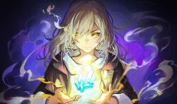 Rule 34 | 1girl, black background, black jacket, closed mouth, closz, collarbone, commentary, crystal, english commentary, floating, floating object, grey hair, hair over one eye, hands up, highres, honkai: star rail, honkai (series), jacket, long sleeves, looking at viewer, medium hair, open clothes, open jacket, shirt, sleeves rolled up, smoke, stelle (honkai: star rail), swept bangs, trailblazer (honkai: star rail), upper body, white shirt, yellow eyes