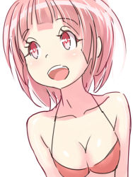 Rule 34 | 1girl, bikini, bikini top only, blush, breasts, cleavage, coffee (ecafree2), collarbone, happy, pink eyes, pink hair, simple background, smile, solo, swimsuit, upper body, white background