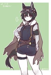 Rule 34 | ..., 1girl, androgynous, animal ears, armband, artist name, belt, black armband, black choker, black eyes, black hair, black jacket, black shorts, border, brown cape, cape, character name, chinese commentary, choker, collared shirt, cowboy shot, dated, elosa, expressionless, goggles, goggles on head, green background, hand on own hip, highres, horse ears, horse girl, horse tail, jacket, kemonomimi mode, kino (kino no tabi), kino no tabi, long sleeves, looking at viewer, mixed-language commentary, outside border, pale skin, pouch, shirt, short hair, shorts, solo, spoken ellipsis, tail, thigh strap, tomboy, torn cape, torn clothes, umamusume, white border, white shirt