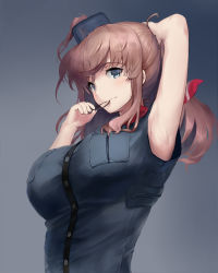 Rule 34 | 10s, 1girl, adjusting hair, arm behind head, armpits, bare arms, blue eyes, breast pocket, breasts, brown hair, highres, holding, holding own hair, kantai collection, large breasts, light smile, long hair, looking at viewer, mouth hold, neckerchief, pocket, red neckerchief, saratoga (kancolle), side ponytail, smile, solo, takeichi yui, upper body