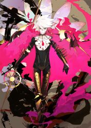 Rule 34 | 1boy, armor, choker, earrings, fate/grand order, fate (series), gold armor, green eyes, holding, holding polearm, holding weapon, jewelry, karna (fate), lance, looking at viewer, official art, pako (pakosun), polearm, weapon, white hair