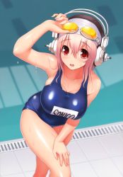 Rule 34 | 1girl, absurdres, bare shoulders, breasts, cleavage, collarbone, fingernails, goggles, goggles on head, headphones, highres, large breasts, long hair, name tag, nitroplus, official art, old school swimsuit, one-piece swimsuit, open mouth, pink hair, pool, poolside, red eyes, scan, school swimsuit, shiny clothes, shiny skin, solo, super sonico, swim cap, swimsuit, tsuji santa, tsujisaki, wet
