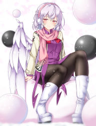 Rule 34 | 1girl, aka tawashi, black pantyhose, boots, braid, closed mouth, dress, earmuffs, feathered wings, french braid, full body, hair between eyes, half-closed eyes, high heel boots, high heels, highres, jacket, kishin sagume, light particles, long sleeves, looking at viewer, pantyhose, pink scarf, platform footwear, purple dress, red eyes, red neckwear, scarf, short hair, silver hair, single wing, sitting, smile, solo, thighhighs, touhou, white background, white jacket, white wings, wings