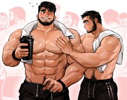 Rule 34 | 2boys, abs, bara, beard, biceps, black hair, blush, bottle, couple, dopey (dopq), facial hair, looking at another, male focus, manly, mature male, messy hair, multiple boys, muscular, muscular male, navel, navel hair, one eye closed, original, pants, pectoral press, short hair, smile, sweat, sweatdrop, thick arms, thick eyebrows, topless male, towel, towel around neck, track pants, wristband, yaoi