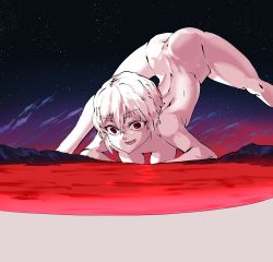 Rule 34 | 1girl, absurdres, ass, ayanami rei, bent over, breasts, crazy smile, curvy, empty eyes, the end of evangelion, flexible, giant, giantess, highres, jack-o&#039; challenge, lilith (ayanami rei), medium breasts, meme, neon genesis evangelion, night, night sky, no humans, nude, parody, red eyes, sky, smile, solo, spread legs, stretching, top-down bottom-up, water, what, wide spread legs