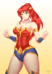 Rule 34 | 1girl, armor, artist name, blue footwear, blush, boots, bracelet, breasts, cleavage, clenched hands, collarbone, cosplay, dc comics, gradient background, green eyes, haryu, jewelry, large breasts, leotard, long hair, looking at viewer, ponytail, pyrrha nikos, red armor, red hair, red leotard, roosterteeth, rwby, smile, solo, superhero costume, thigh boots, vambraces, wonder woman, wonder woman (cosplay), yellow background