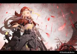Rule 34 | 1girl, :d, black gloves, black shirt, black skirt, blood, blood on face, blouse, capelet, closed eyes, commentary request, crop top, facing viewer, fangs, feathers, gloves, half-nightmare, half mask, highres, holding, hoshizaki reita, letterboxed, light brown hair, long hair, mask, open mouth, red capelet, red feathers, red riding hood (sinoalice), shirt, signature, sinoalice, skirt, smile, solo, tattoo, teeth, torn capelet, torn clothes, twitter username, upper teeth only, very long hair