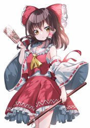 Rule 34 | 1girl, ascot, between fingers, bow, brown hair, collar, collarbone, detached sleeves, frilled bow, frilled collar, frilled hair tubes, frilled skirt, frills, gohei, hair between eyes, hair bow, hair tubes, hakurei reimu, hand up, highres, holding, holding gohei, long hair, long sleeves, nontraditional miko, ofuda, ofuda between fingers, omochishiki, orange eyes, red bow, red skirt, red vest, ribbon-trimmed sleeves, ribbon trim, simple background, skirt, skirt set, solo, talisman, touhou, v-shaped eyebrows, vest, white background, white sleeves, wide sleeves, yellow ascot, yin yang