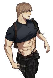 Rule 34 | 1boy, abs, absurdres, belt, black pants, brown belt, brown hair, crop top, highres, holster, holstered, knife sheath, knife sheath, large pectorals, leon s. kennedy, looking to the side, male focus, male underwear, muscular, muscular male, navel, njkonyj763, pants, parted lips, pectorals, resident evil, resident evil 4, resident evil 4 (remake), sheath, short hair, shoulder holster, simple background, solo, thigh holster, thong, underwear, white background