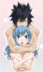 Rule 34 | 1boy, 1girl, blue eyes, blue hair, breasts, chain necklace, cleavage, collarbone, covering privates, covering breasts, fairy tail, gaston18, gray fullbuster, hair between eyes, highres, hug, hug from behind, jewelry, juvia lockser, large breasts, long hair, looking at viewer, mashima hiro, necklace, nude, open mouth, spiked hair, swept bangs, underboob