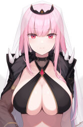 Rule 34 | 1girl, bikini, black bikini, black cape, breasts, cape, cleavage, closed mouth, enosan, highres, hololive, hololive english, large breasts, long hair, long sleeves, looking at viewer, mori calliope, pink hair, red eyes, simple background, skindentation, slingshot swimsuit, smile, solo, spikes, swimsuit, tiara, upper body, veil, virtual youtuber, white background