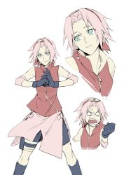 Rule 34 | 1girl, anger vein, angry, aqua eyes, arm warmers, bandages, bare shoulders, bike shorts, black footwear, black gloves, boots, breasts, character sheet, gloves, green eyes, haruno sakura, headband, headdress, holster, kneehighs, konohagakure symbol, light smile, looking at viewer, looking away, looking to the side, naruto (series), naruto shippuuden, open mouth, own hands together, pink hair, pink skirt, red shirt, shirt, short hair, shorts, shorts under skirt, side slit, skirt, sleeveless, sleeveless shirt, smile, socks, solo, spread legs, standing, thigh holster, thigh strap, upper body, xia (ryugo), zipper