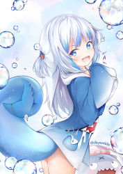 Rule 34 | 1girl, :d, a (phrase), bloop (gawr gura), blue background, blue eyes, blue hair, blue hoodie, bubble, chiyami, commentary request, fins, fish tail, gawr gura, gawr gura (1st costume), hair ornament, hands up, hololive, hololive english, hood, hood down, hoodie, long hair, long sleeves, looking at viewer, looking to the side, multicolored hair, open mouth, shark tail, sharp teeth, silver hair, sleeves past fingers, sleeves past wrists, smile, standing, streaked hair, tail, tail raised, teeth, twitter username, two side up, v-shaped eyebrows, very long hair, virtual youtuber, wide sleeves